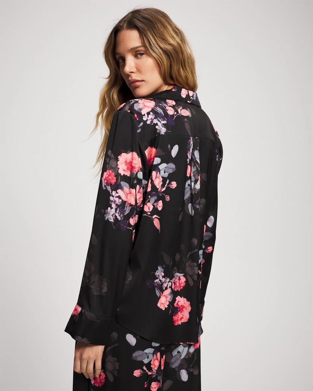 Soma / Long Sleeve Notch Collar Pajama Top FLORAL DREAMS GRAND BLACK