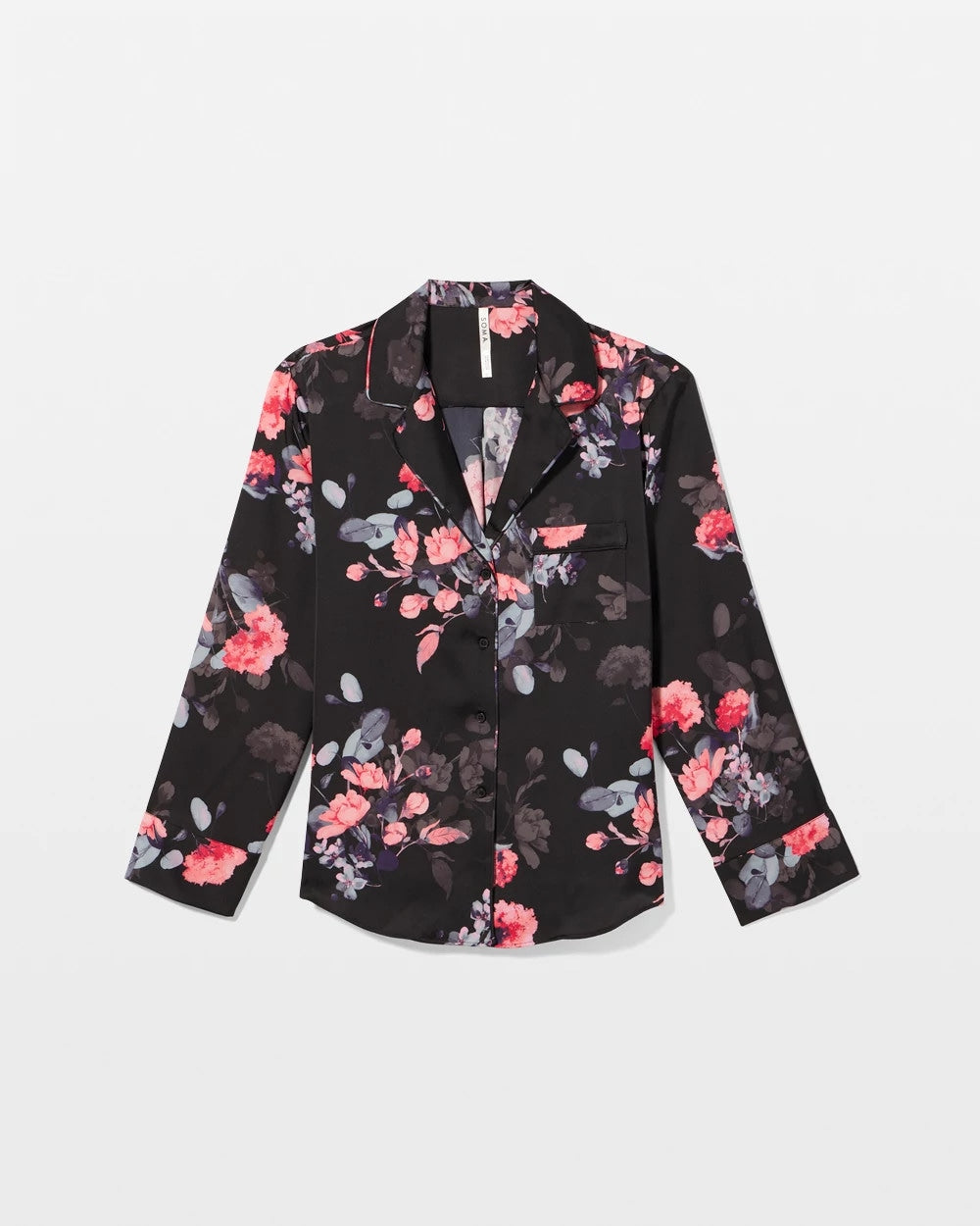 Soma / Long Sleeve Notch Collar Pajama Top FLORAL DREAMS GRAND BLACK