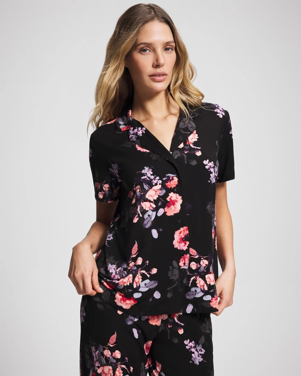 Soma / Short Sleeve Notch Collar Pajama Top FLORAL DREAMS BLACK