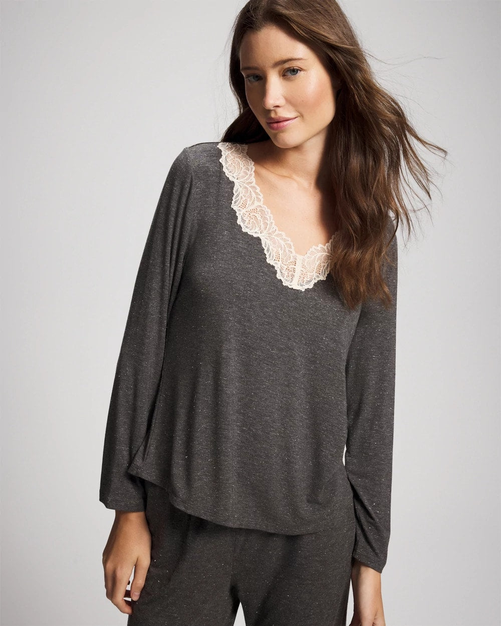 Soma / Lace Trim Long Sleeve Pajama Top CHARCOAL HEATHER W/ SHINE