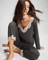 Soma / Lace Trim Long Sleeve Pajama Top CHARCOAL HEATHER W/ SHINE