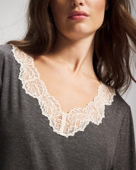 Soma / Lace Trim Long Sleeve Pajama Top CHARCOAL HEATHER W/ SHINE