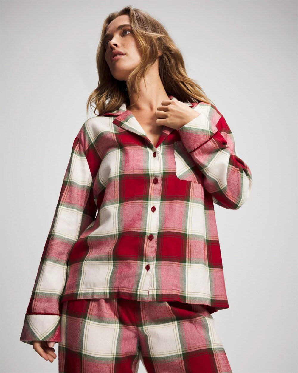 Soma / Long-Sleeve Notch Collar Pajama Top WINTER PLAID RED