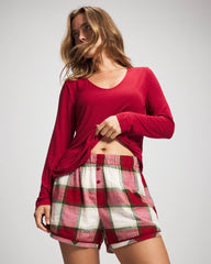 Soma / Velvet Piped Boxer Pajama Short WINTER PLAID RED