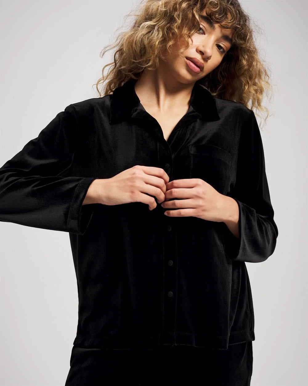 Soma / Velvet Long Sleeve Notch Collar Pajama Top BLACK