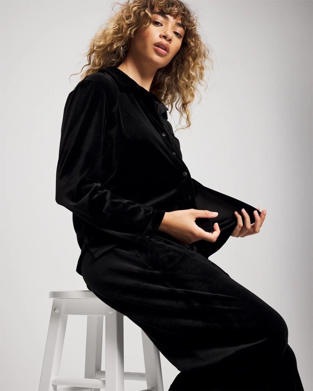 Soma / Velvet Long Sleeve Notch Collar Pajama Top BLACK
