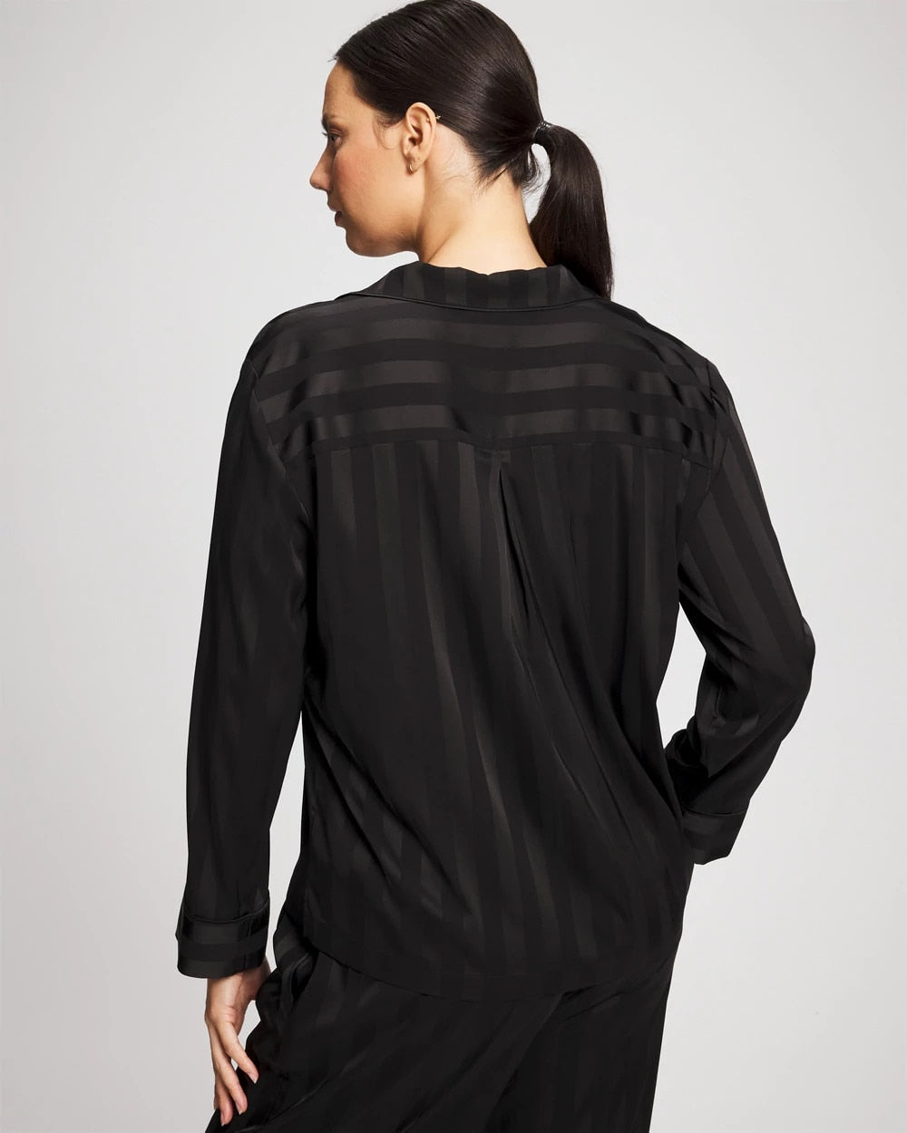 Soma / Shadow Stripe Long Sleeve Pajama Notch Collar Top BLACK