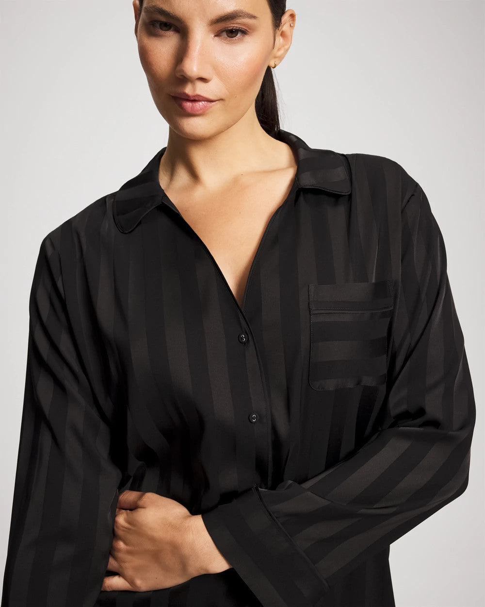 Soma / Shadow Stripe Long Sleeve Pajama Notch Collar Top BLACK