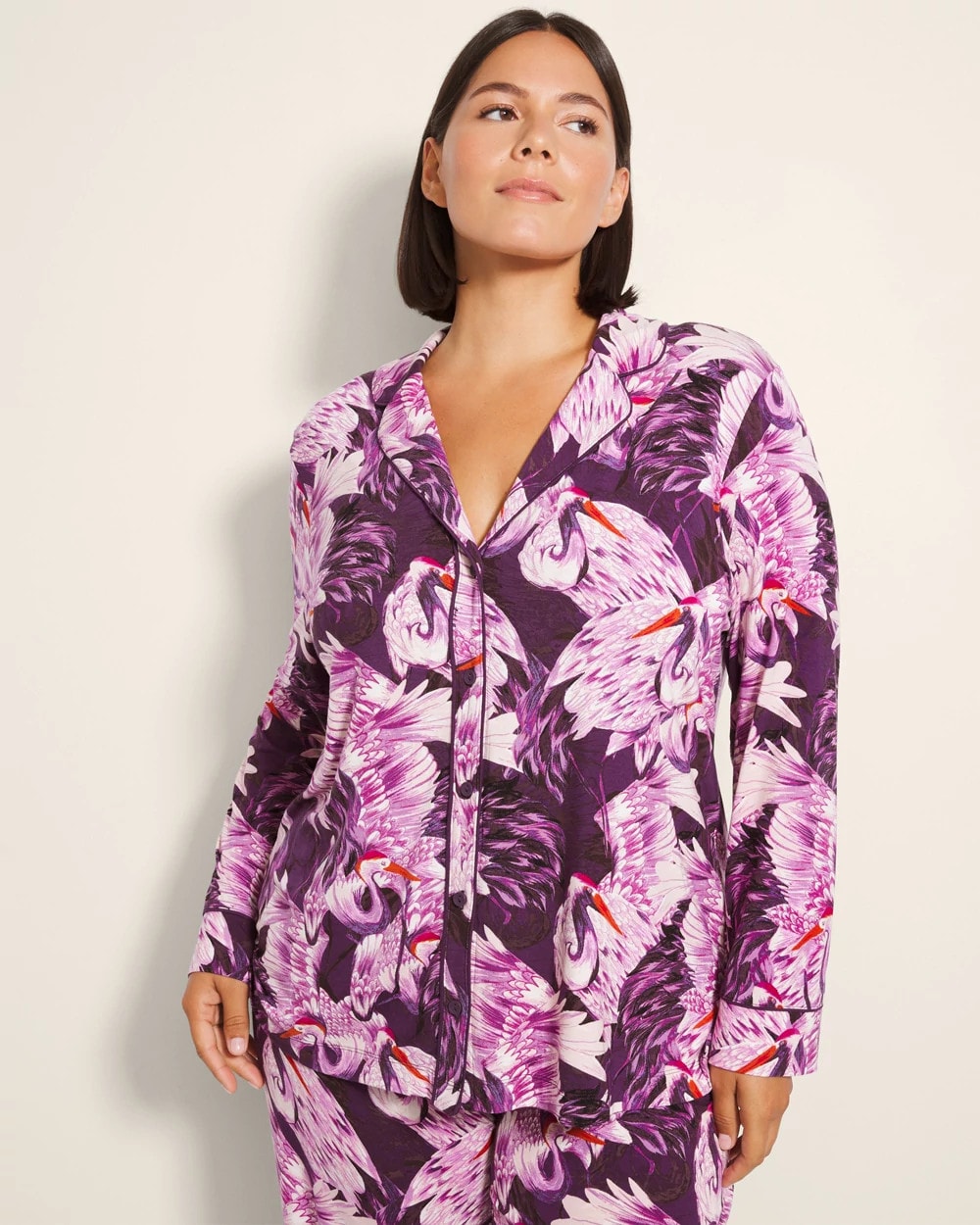 Soma / Long-Sleeve Printed Notch Collar Pajama Top COURTING CRANES BLKBRY