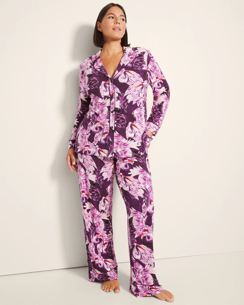 Soma / Long-Sleeve Printed Notch Collar Pajama Top COURTING CRANES BLKBRY