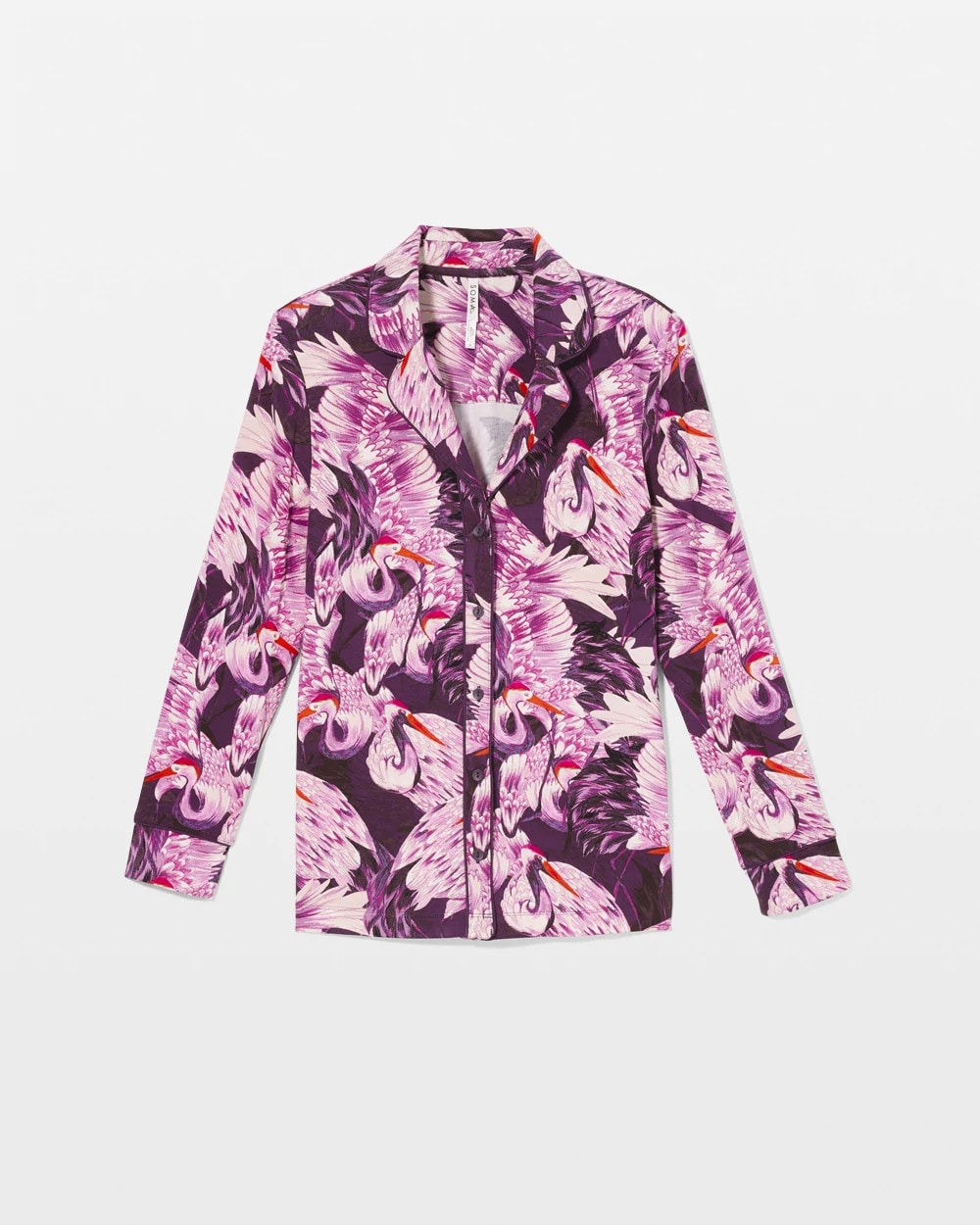 Soma / Long-Sleeve Printed Notch Collar Pajama Top COURTING CRANES BLKBRY