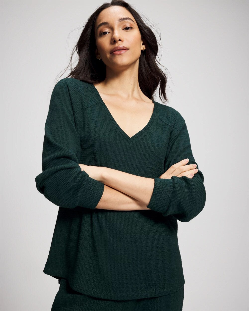 Soma / Cozy Waffle Long Sleeve V-Neck Pajama Top GREEN JOLIE