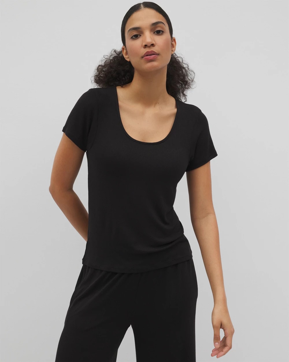 Soma / Lightweight Rib Knit Short Sleeve Pajama Tee BLACK