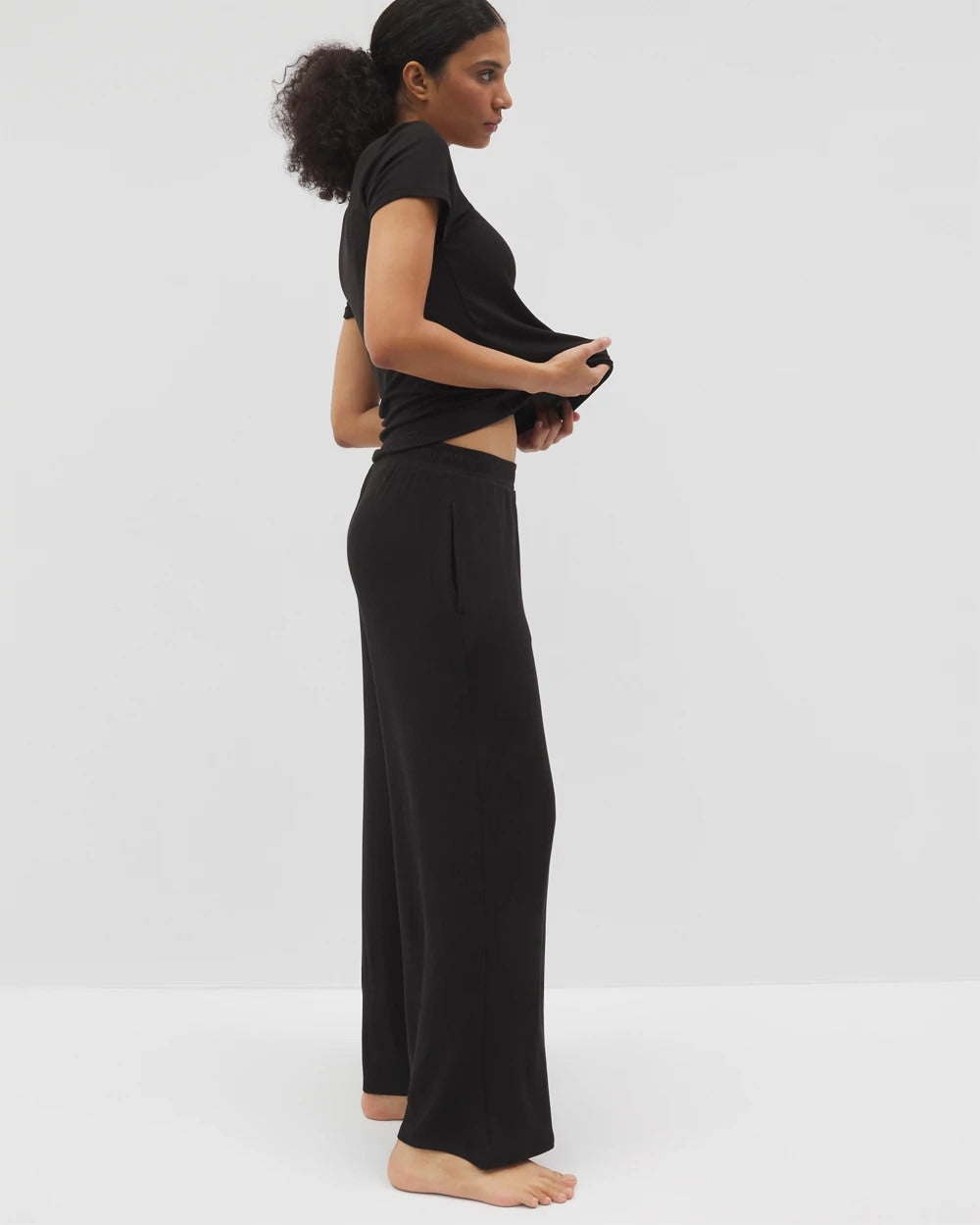 Soma / Lightweight Rib Knit Wide Leg Pajama Pants BLACK