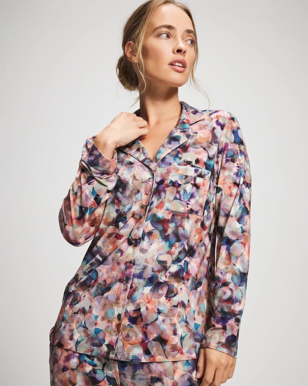 Soma / Long-Sleeve Notch Collar Pajama Top PETAL MOSAIC PETROL