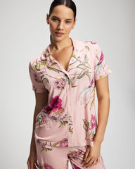 Soma / Printed Short Sleeve Notch Collar FEATHERED FANCY PINK