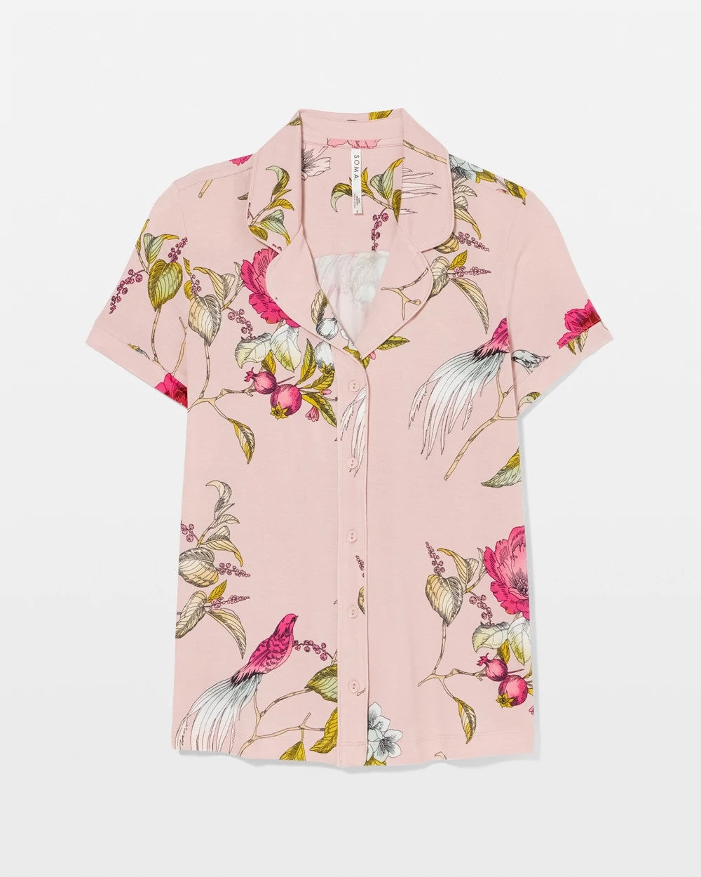 Soma / Printed Short Sleeve Notch Collar FEATHERED FANCY PINK