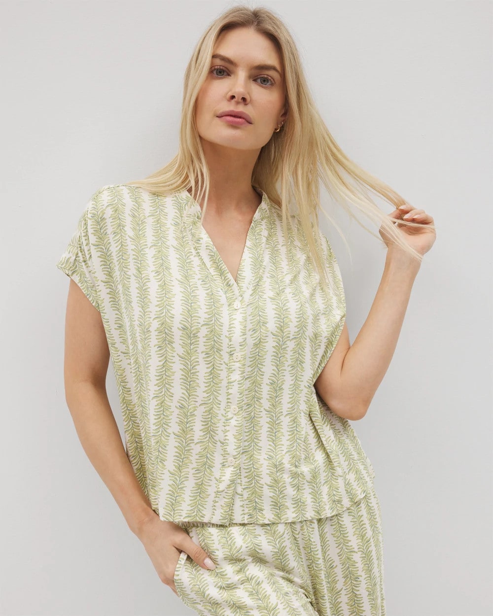 Soma / Mandarin Collar Short Sleeve Pajama Top CHILL STRIPE CHAMPAGNE