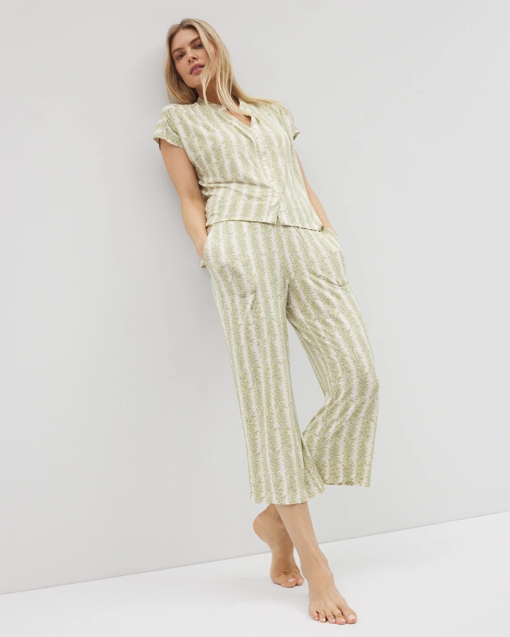 Soma / Mandarin Collar Short Sleeve Pajama Top CHILL STRIPE CHAMPAGNE