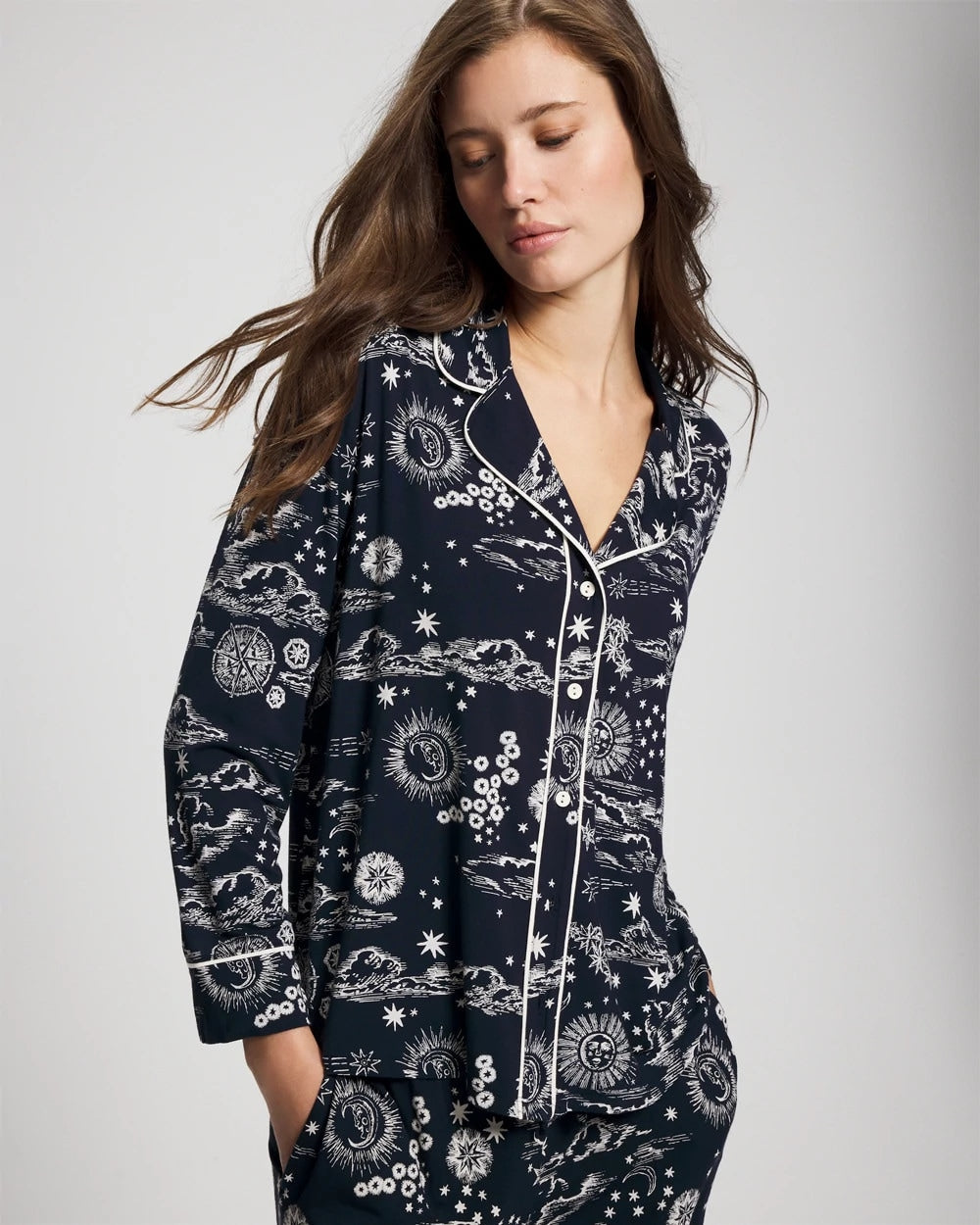 Soma / Cool Nights Long Sleeve Notch Collar with Piped Placket Pajama Top COSMIC BALLET NAVY