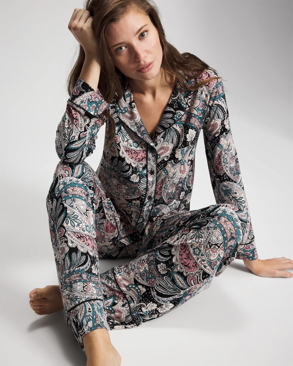 Soma / Cool Nights Long Sleeve Notch Collar with Piped Placket Pajama Top REGAL PAISLEY BLACK
