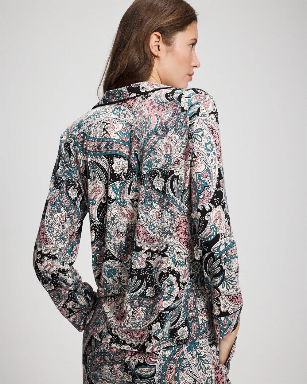 Soma / Cool Nights Long Sleeve Notch Collar with Piped Placket Pajama Top REGAL PAISLEY BLACK