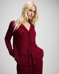 Soma / Cool Nights Long Sleeve Notch Collar with Piped Placket Pajama Top FELINE PAINT THE TOWN RED
