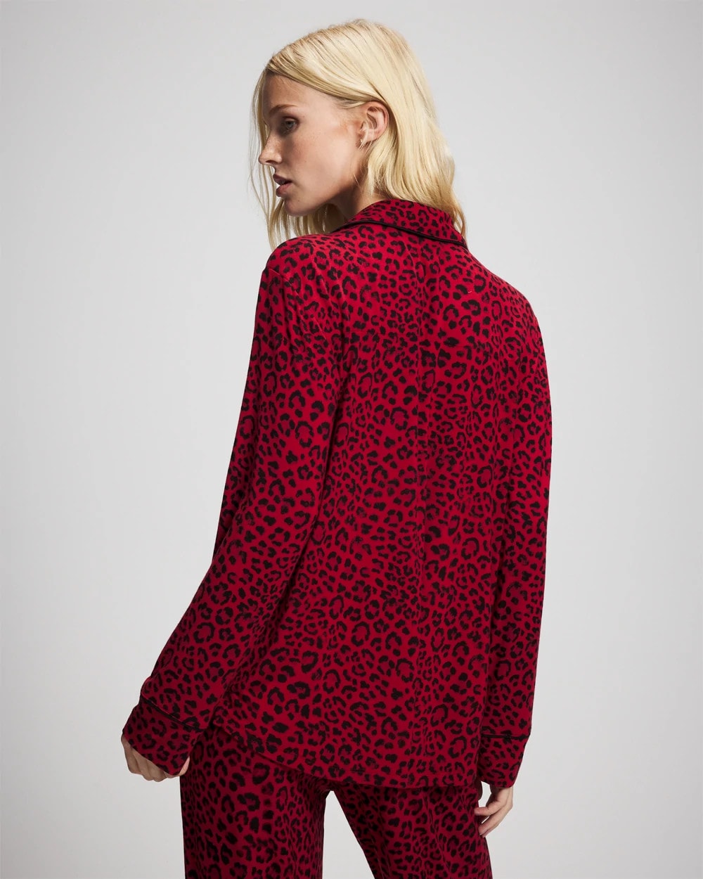 Soma / Cool Nights Long Sleeve Notch Collar with Piped Placket Pajama Top FELINE PAINT THE TOWN RED