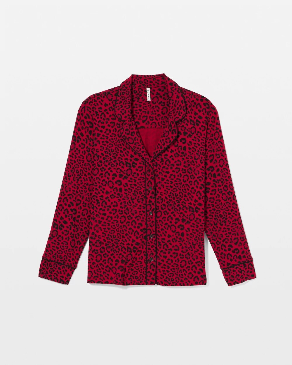 Soma / Cool Nights Long Sleeve Notch Collar with Piped Placket Pajama Top FELINE PAINT THE TOWN RED