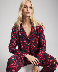 Soma / Cool Nights Long Sleeve Notch Collar with Piped Placket Pajama Top HOLLY JOLLY RED VELVET