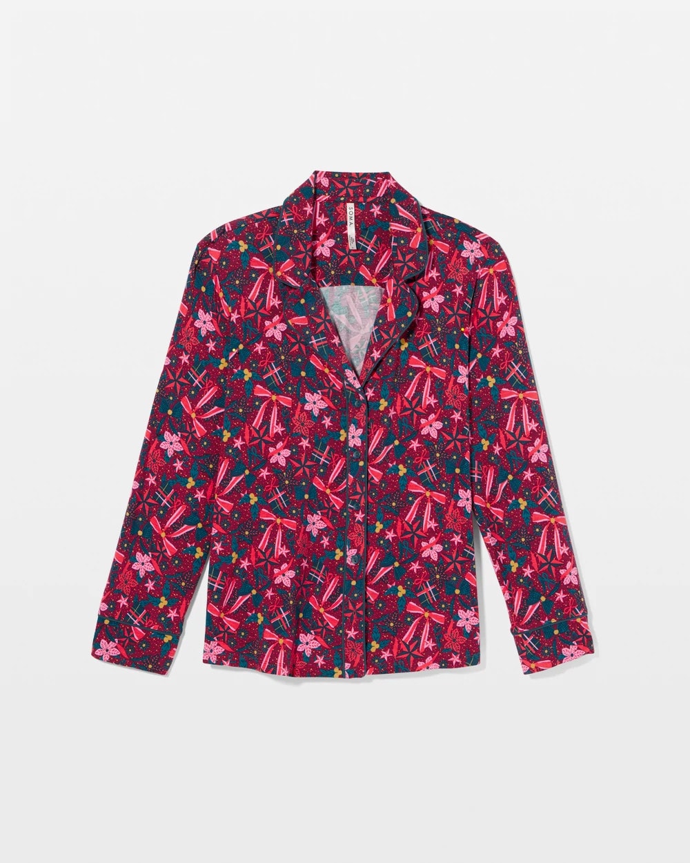 Soma / Cool Nights Long Sleeve Notch Collar with Piped Placket Pajama Top HOLLY JOLLY RED VELVET