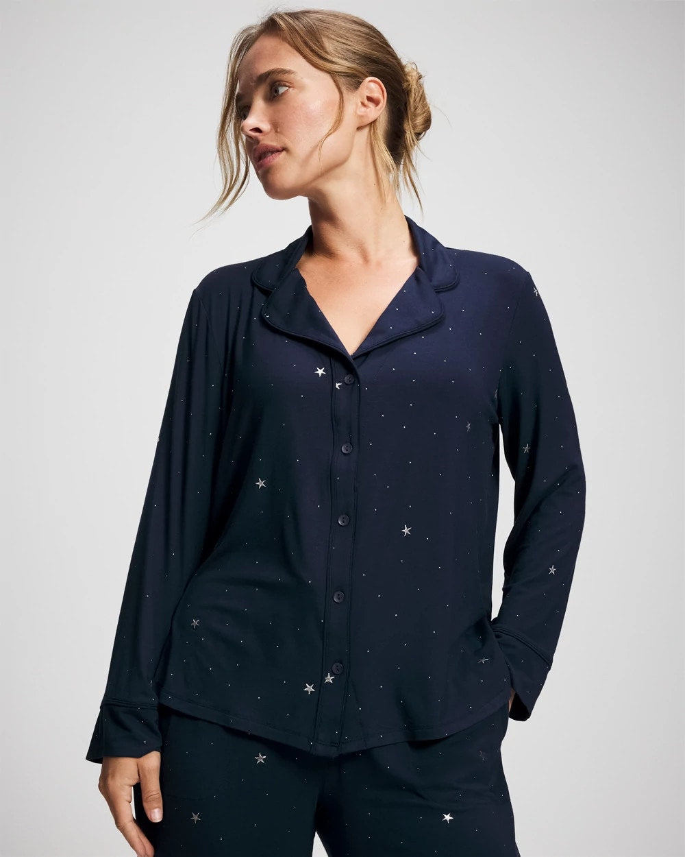 Soma / Cool Nights Long Sleeve Notch Collar with Piped Placket Pajama Top SILVER DEW DROP/NAVY