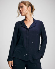 Soma / Cool Nights Long Sleeve Notch Collar with Piped Placket Pajama Top SILVER DEW DROP/NAVY
