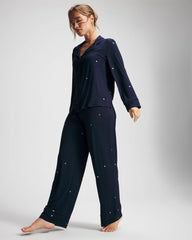 Soma / Cool Nights Long Sleeve Notch Collar with Piped Placket Pajama Top SILVER DEW DROP/NAVY