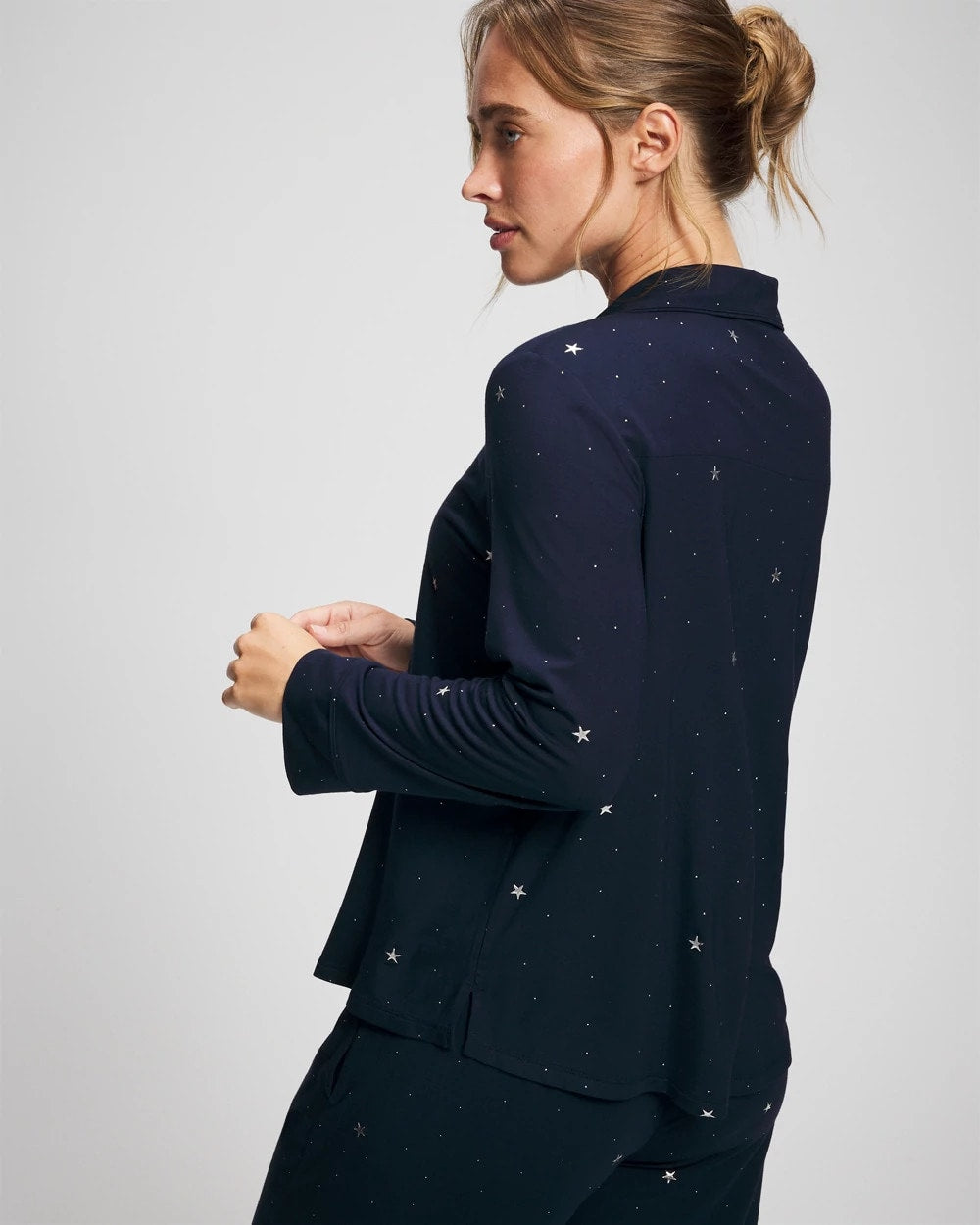 Soma / Cool Nights Long Sleeve Notch Collar with Piped Placket Pajama Top SILVER DEW DROP/NAVY