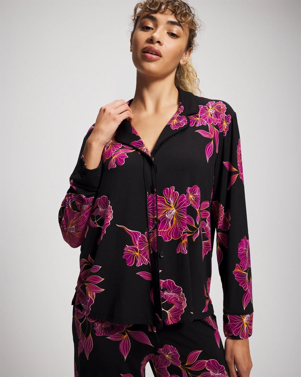 Soma / Cool Nights Long Sleeve Notch Collar with Piped Placket Pajama Top GILDED BLOOMS MAGENTA