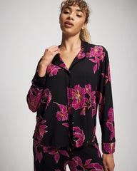 Soma / Cool Nights Long Sleeve Notch Collar with Piped Placket Pajama Top GILDED BLOOMS MAGENTA