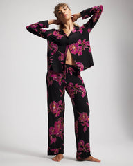 Soma / Cool Nights Long Sleeve Notch Collar with Piped Placket Pajama Top GILDED BLOOMS MAGENTA