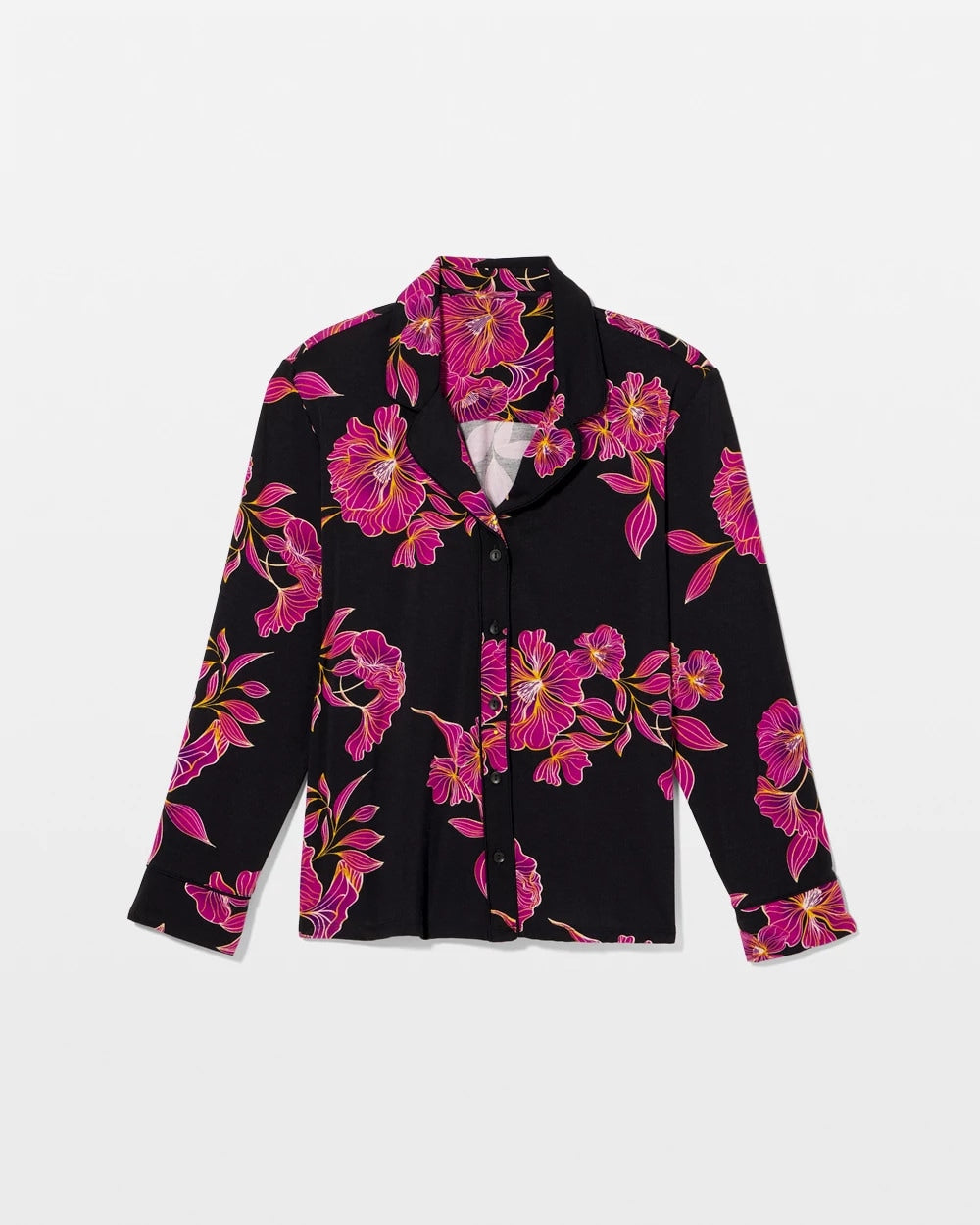 Soma / Cool Nights Long Sleeve Notch Collar with Piped Placket Pajama Top GILDED BLOOMS MAGENTA