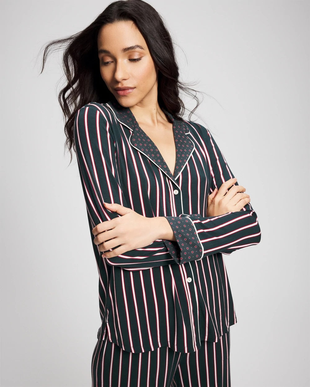 Soma / Cool Nights Long Sleeve Notch Collar with Piped Placket Pajama Top MIDNIGHT STRIPE GREEN JOL