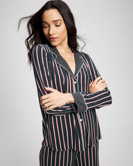 Soma / Cool Nights Long Sleeve Notch Collar with Piped Placket Pajama Top MIDNIGHT STRIPE GREEN JOL