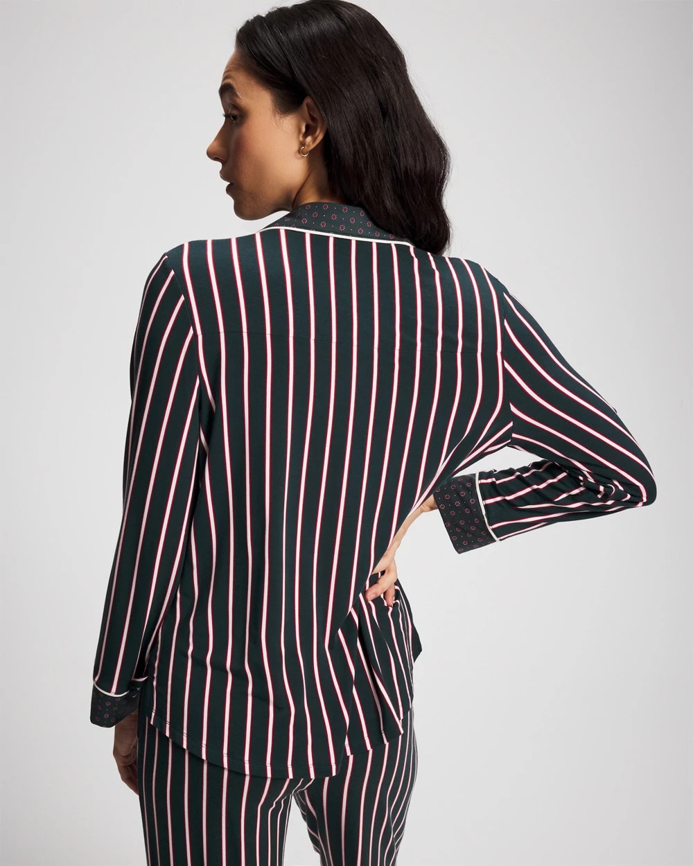 Soma / Cool Nights Long Sleeve Notch Collar with Piped Placket Pajama Top MIDNIGHT STRIPE GREEN JOL