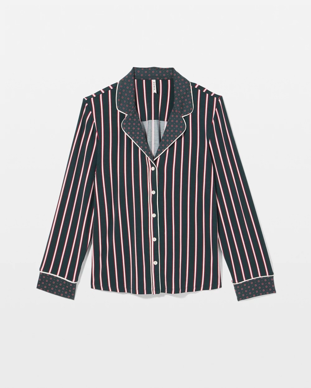 Soma / Cool Nights Long Sleeve Notch Collar with Piped Placket Pajama Top MIDNIGHT STRIPE GREEN JOL