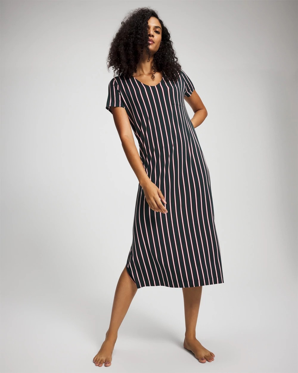 Soma / Short Sleeve Long Sleepshirt MIDNIGHT STRIPE GREEN JOL