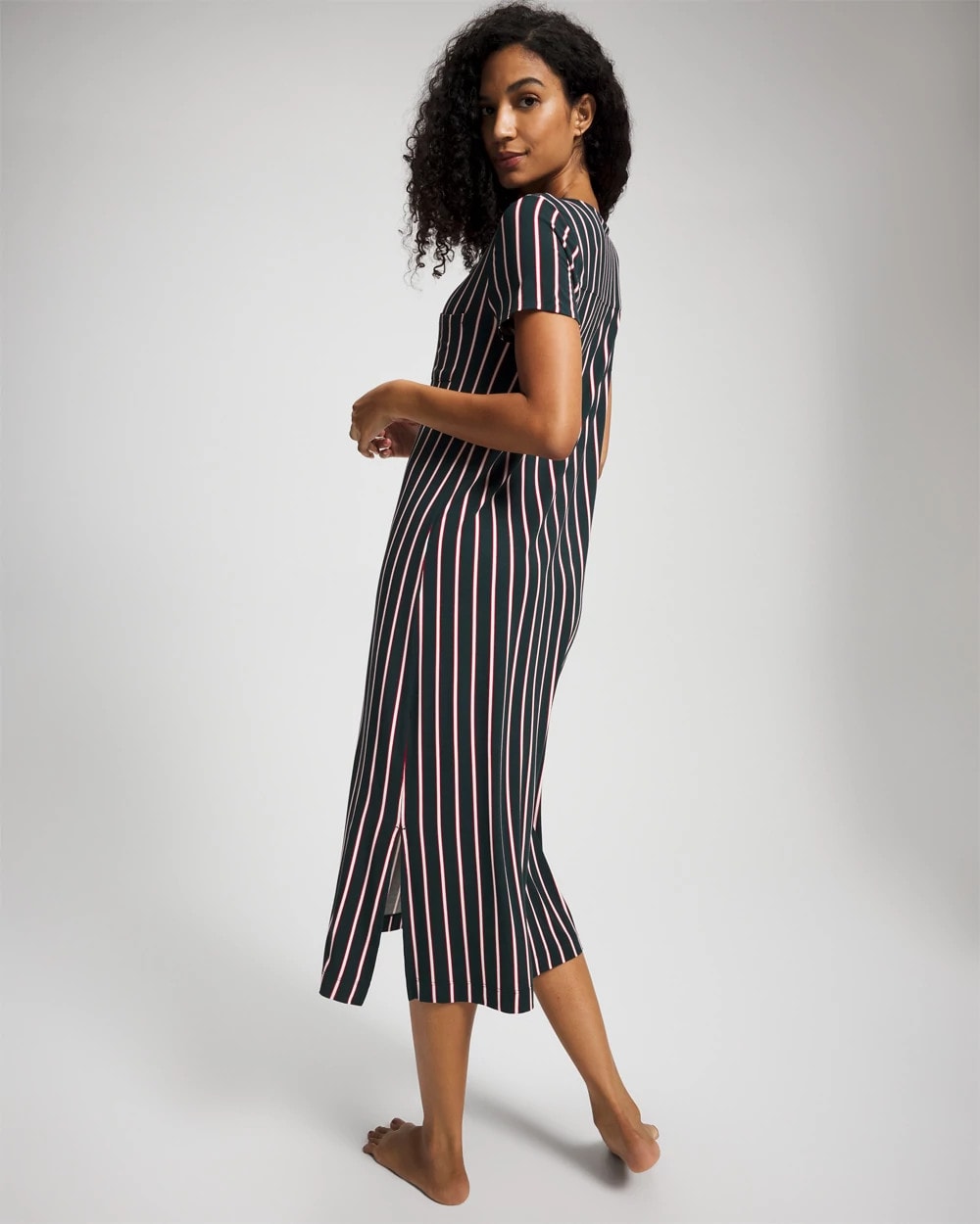 Soma / Short Sleeve Long Sleepshirt MIDNIGHT STRIPE GREEN JOL