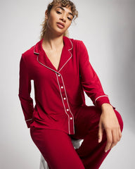 Soma / Long Sleeve Notch Collar w/ Piped Placket Pajama Top PAINT THE TOWN RED