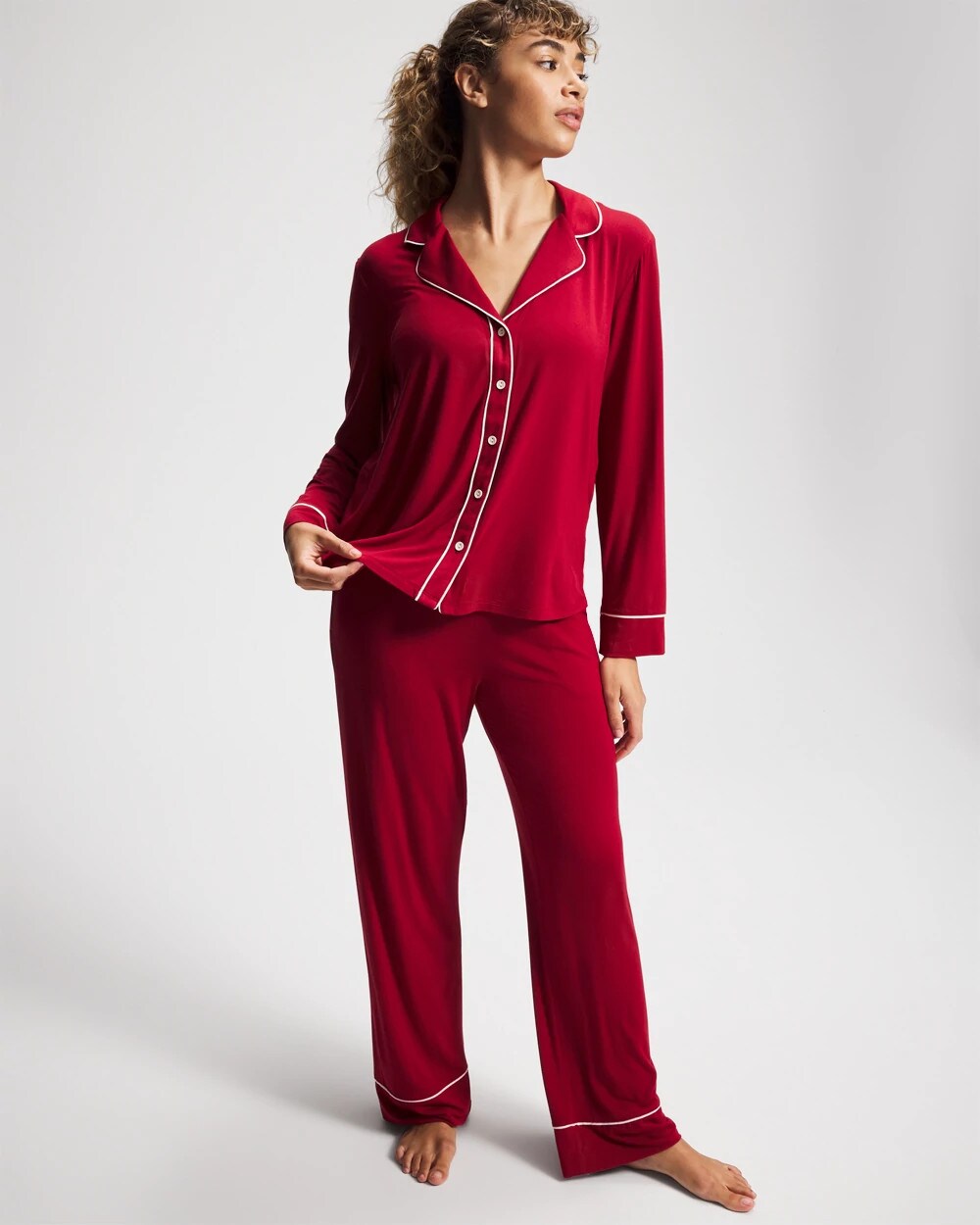 Soma / Long Sleeve Notch Collar w/ Piped Placket Pajama Top PAINT THE TOWN RED
