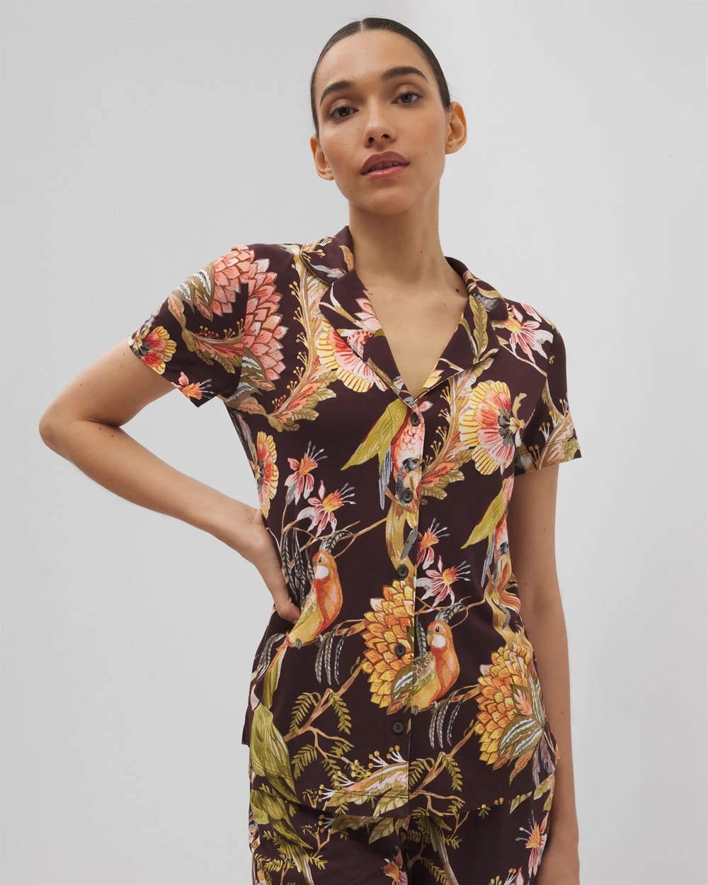 Soma / Short Sleeve Notch Collar Pajama Top PARROT-DISO PLUME G PLUM