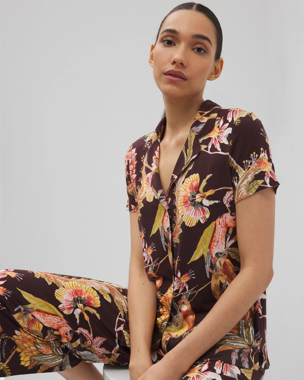 Soma / Short Sleeve Notch Collar Pajama Top PARROT-DISO PLUME G PLUM