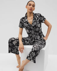 Soma / Short Sleeve Notch Collar Pajama Top MEANDERING GARDEN BLACK